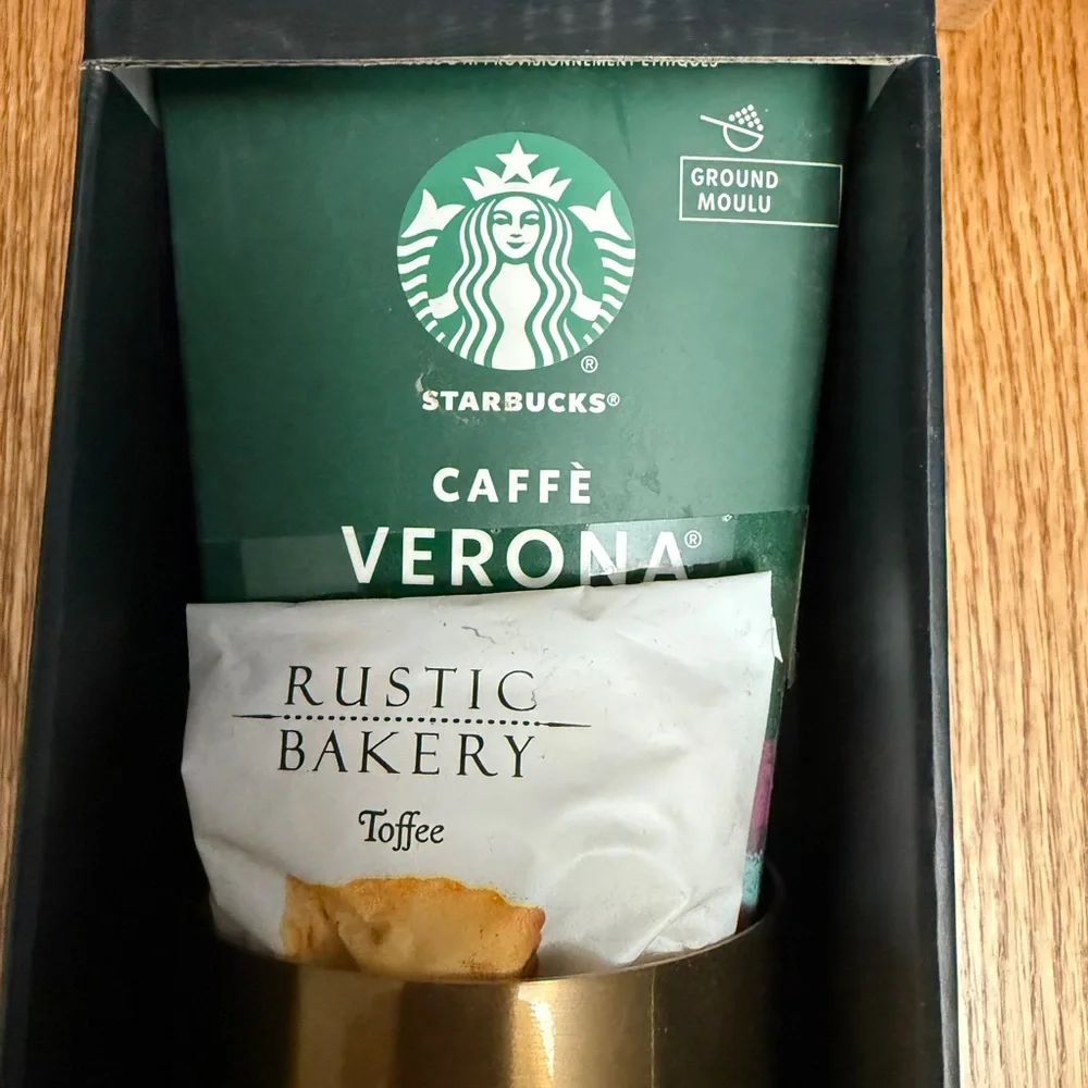 Starbucks Gold Travel Mug Gift set Caffè Verona Metal  Gold Cup Clear Lid NEW